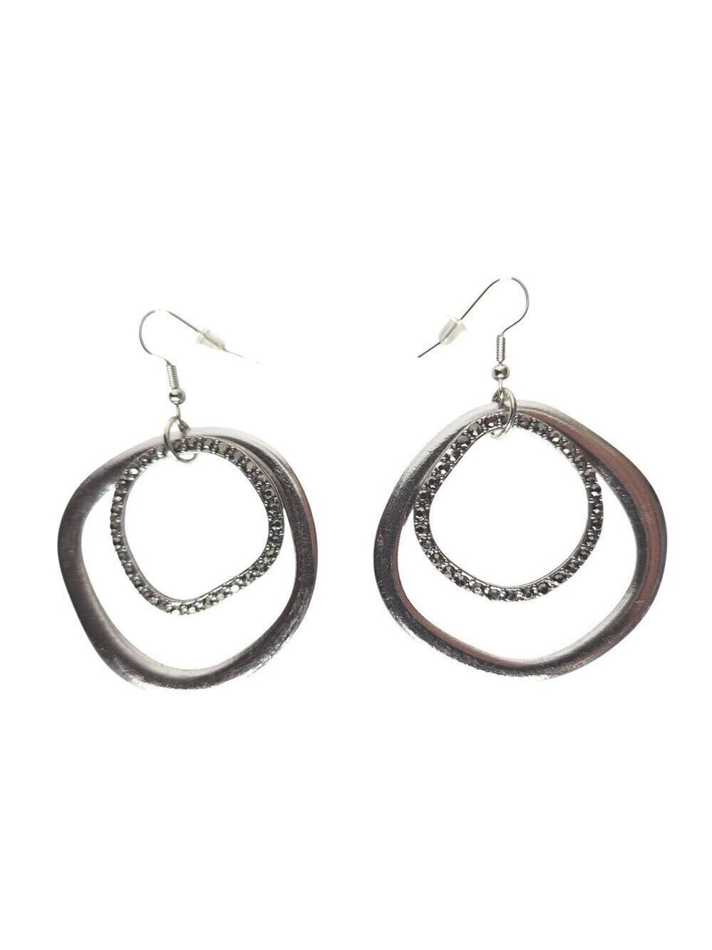 Silver Tone Rhinestone Double Hoop Dangle Earrings
